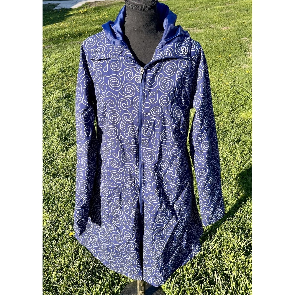 AGU Jacket Womens XL Blue Hooded Windbreaker Raincoat Reflective Print‎ Cycling - Picture 2 of 14